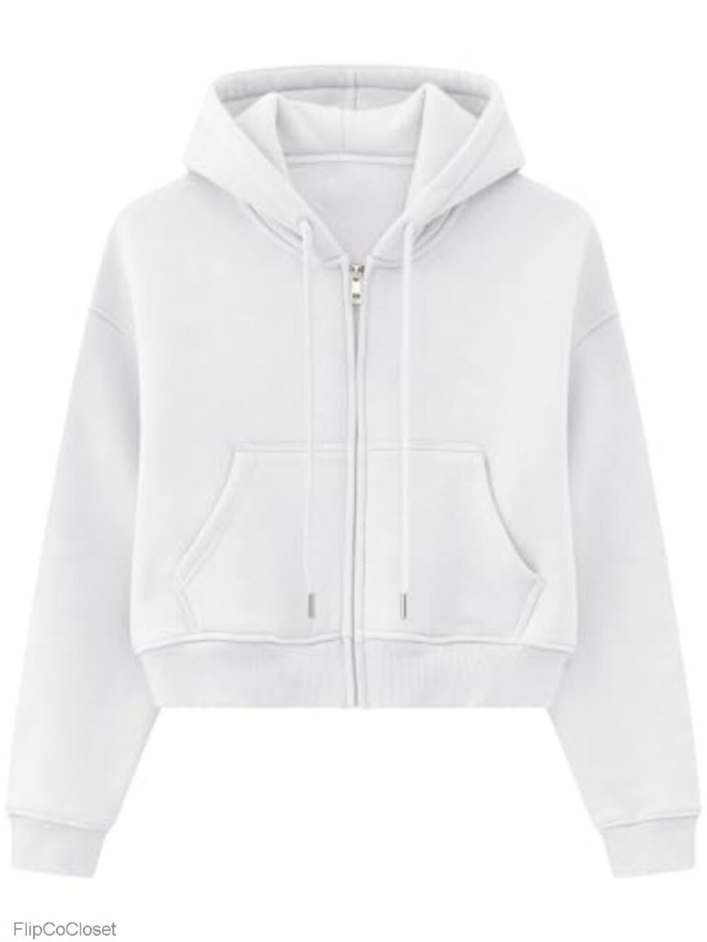 Fleece Lined Cropped Zip Up Hoodie Drawstring Hood Ribbed Cuffs Pockets